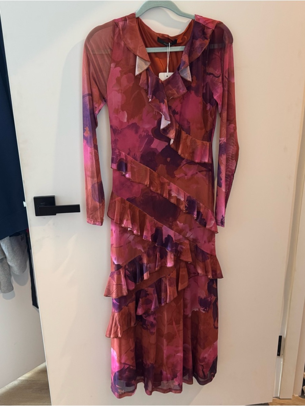 Long Sleeve Pink Ruffle Midi Dress